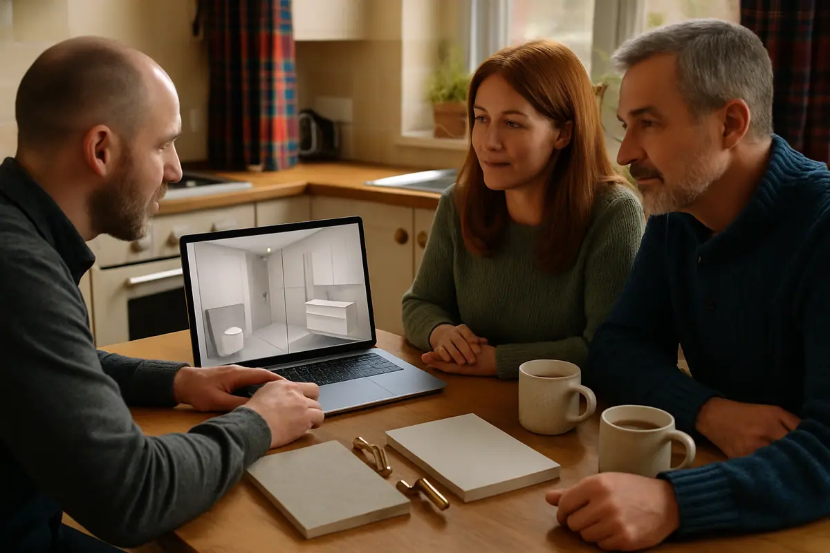 A designer talking a couple through their bathroom layout at the kitchen table