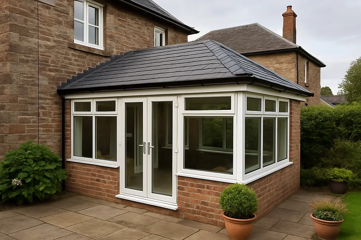 Hybrid conservatory roof combining tiled panels and glazing on a brick house by Ultimate Home Solutions
