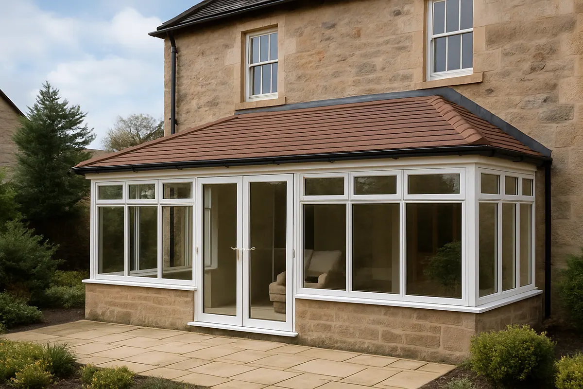 Finished slate-effect conservatory roof on a brick house, building-reg compliant, by Ultimate Home Solutions