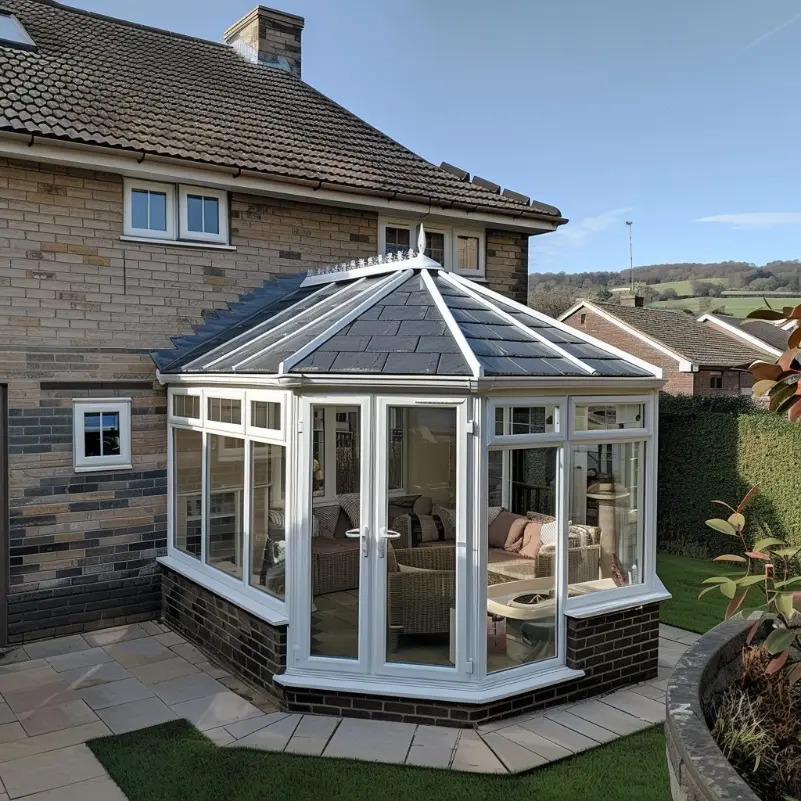Slate-effect tiled conservatory roof on a brick house by Ultimate Home Solutions