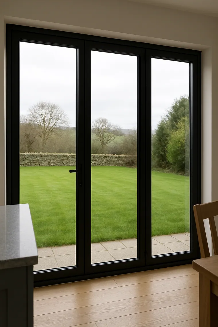 Black-framed aluminium bi-fold doors seen from a Scottish kitchen diner