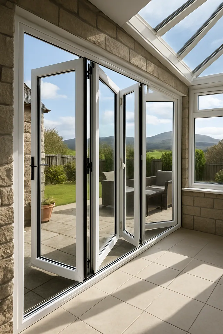 White uPVC bi-fold doors partly open between a Scottish sun room and patio