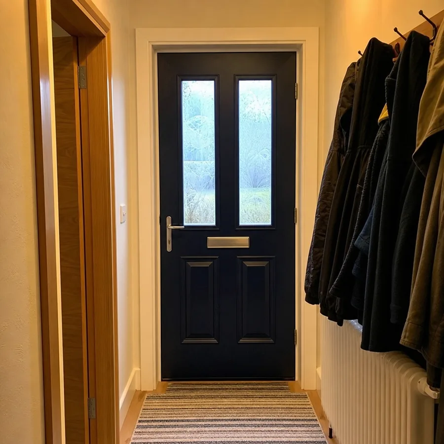 A dark composite front door viewed from a warm hallway with coats hanging next to it