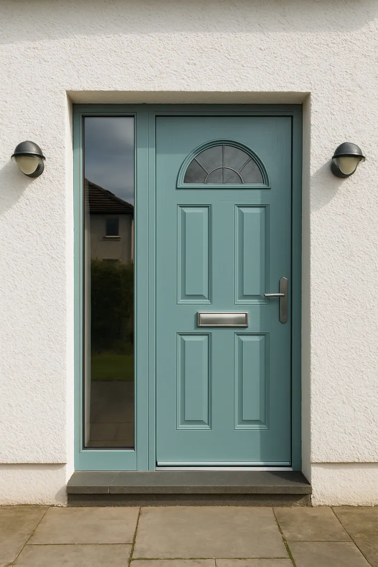Duck egg blue composite front door with a glazed sidelight on a white rendered Scottish house