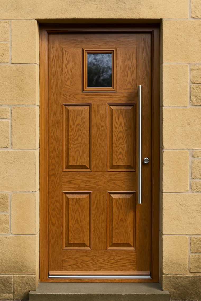 Oak woodgrain-effect composite front door with a brushed steel bar handle on Scottish sandstone