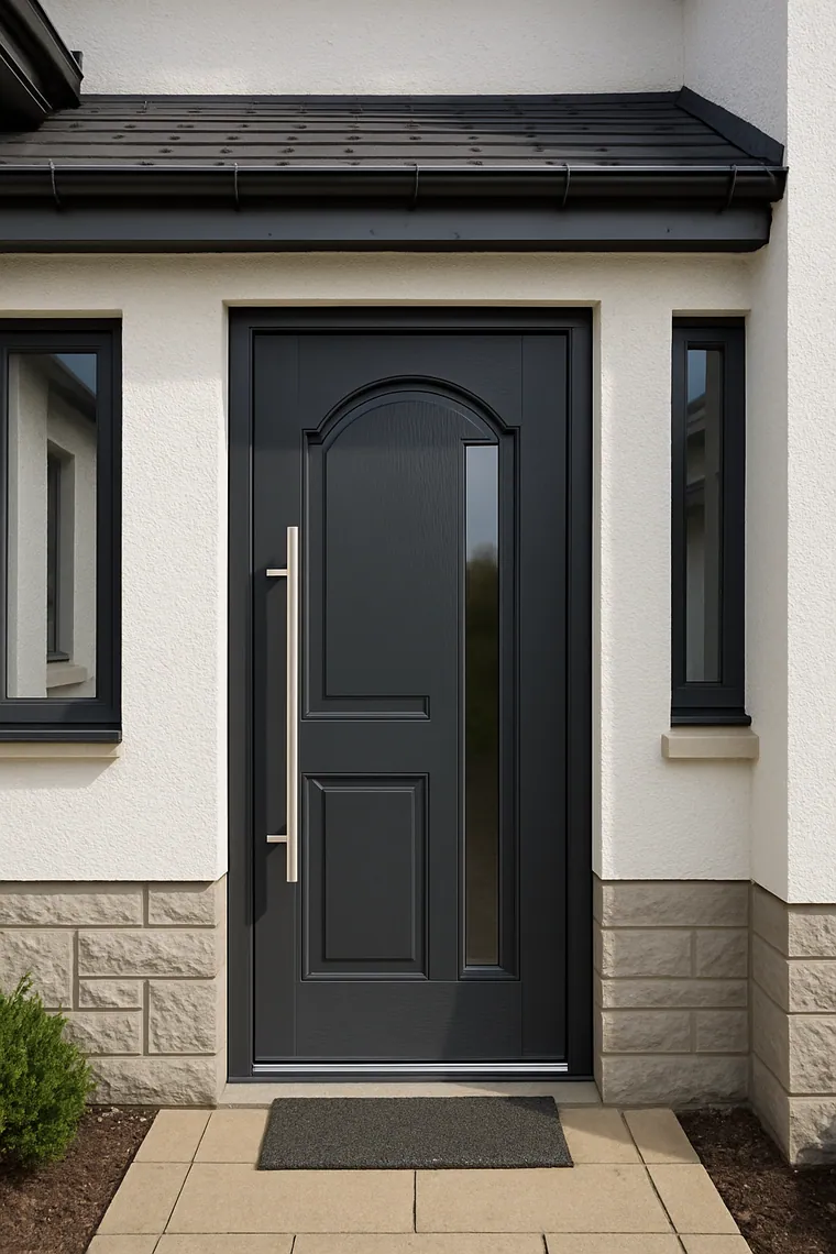 Anthracite Palladio composite door with a full-height brushed steel bar handle