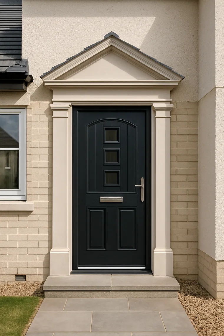 Black Palladio composite door with contemporary square glazing and a stainless handle
