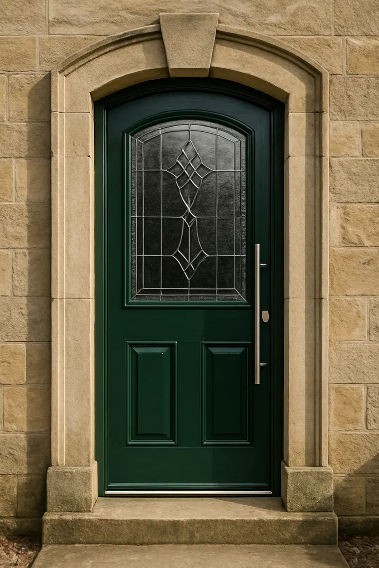 Deep green Palladio composite door with leaded decorative glass and a steel bar handle