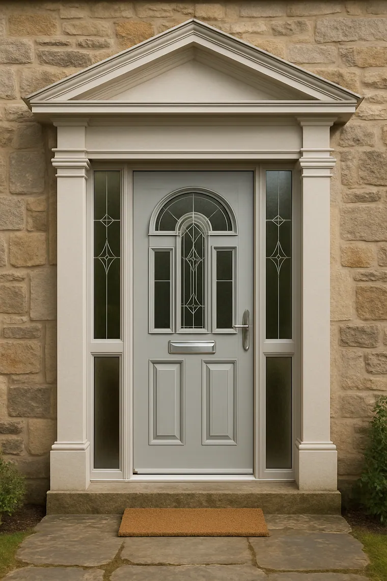 Light grey Palladio composite door flanked by two matching glazed side panels
