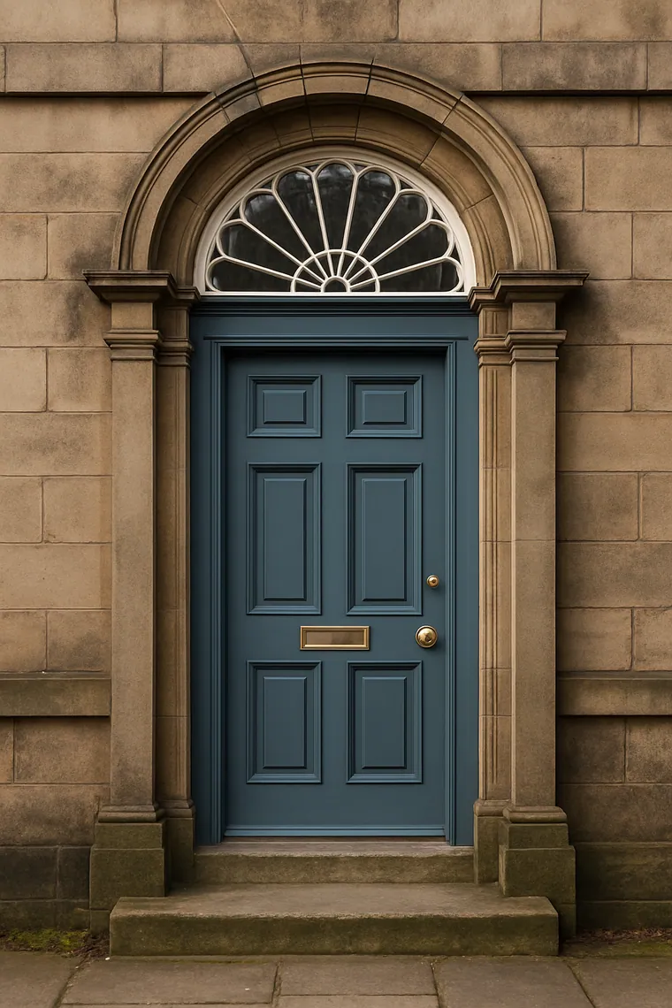 Heritage blue Palladio composite front door with a decorative fanlight on a Scottish townhouse