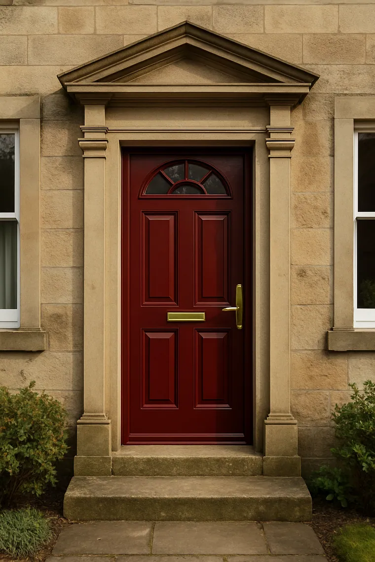 Deep red Palladio composite door with traditional panelling and brass furniture