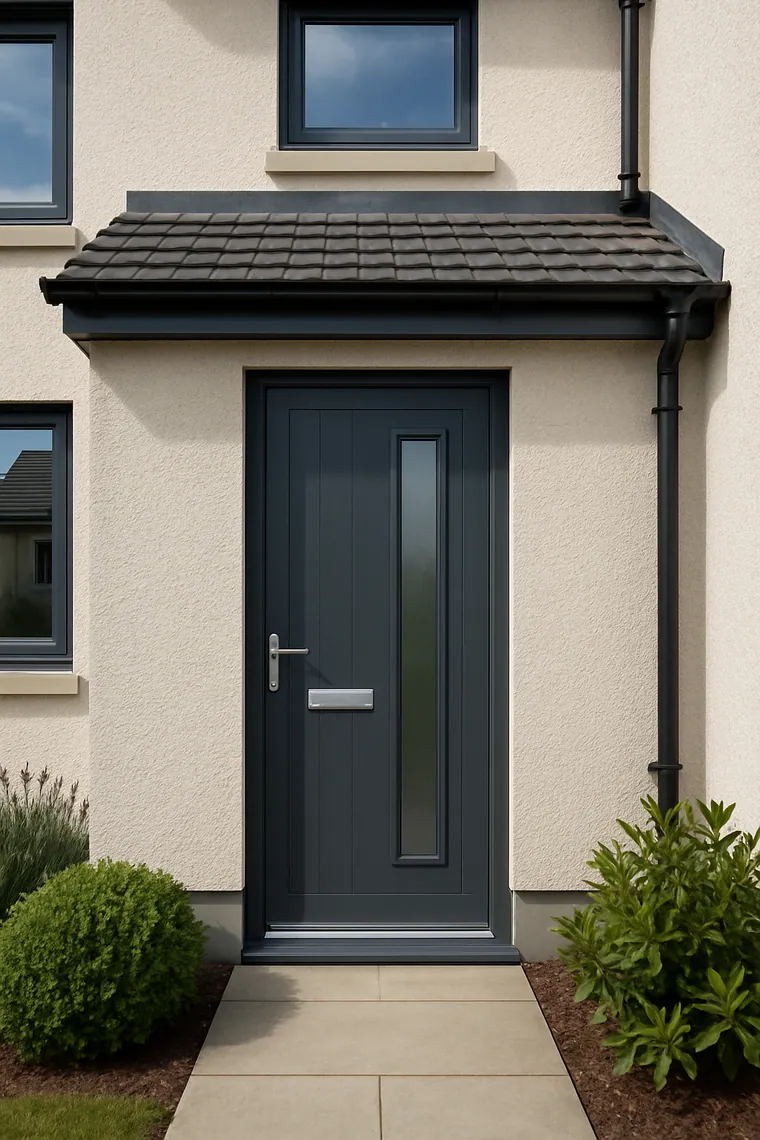 Anthracite grey uPVC front door with a slim vertical glazed strip