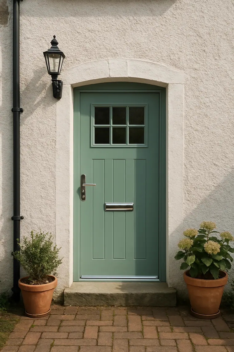 Chartwell green uPVC front door on a Scottish rendered cottage