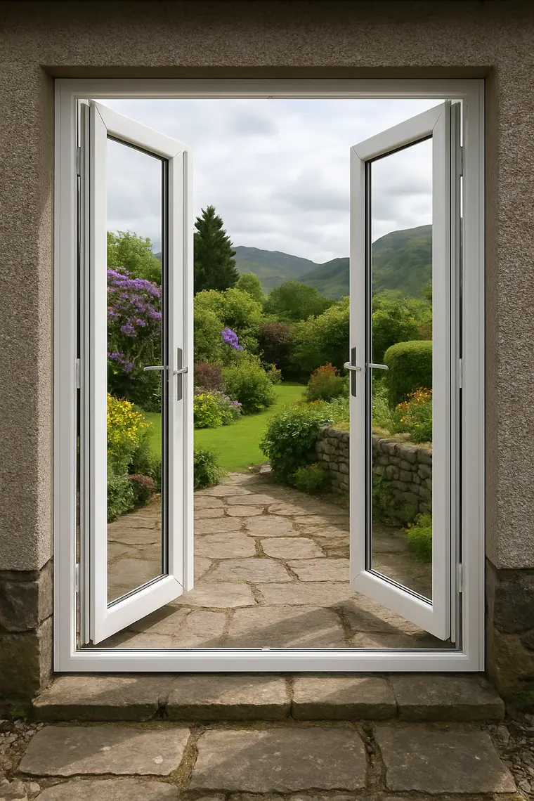 White uPVC French doors opening onto a Scottish garden patio