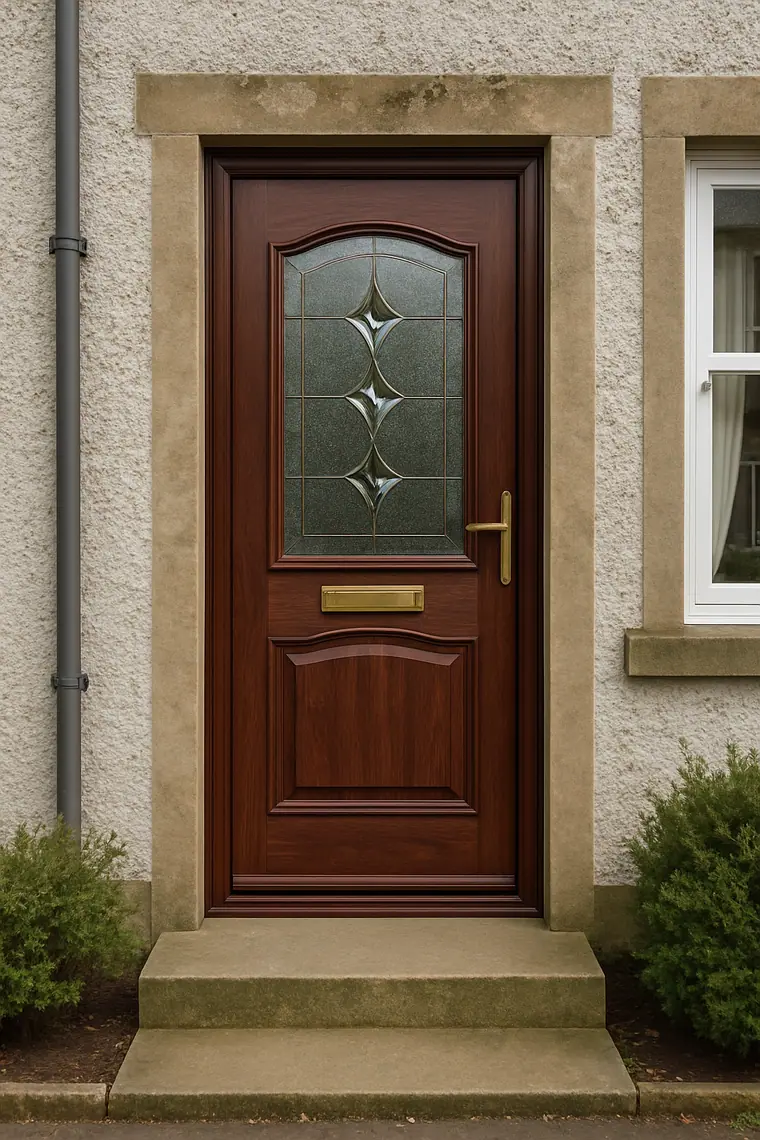 Rosewood woodgrain-effect uPVC front door with decorative glass