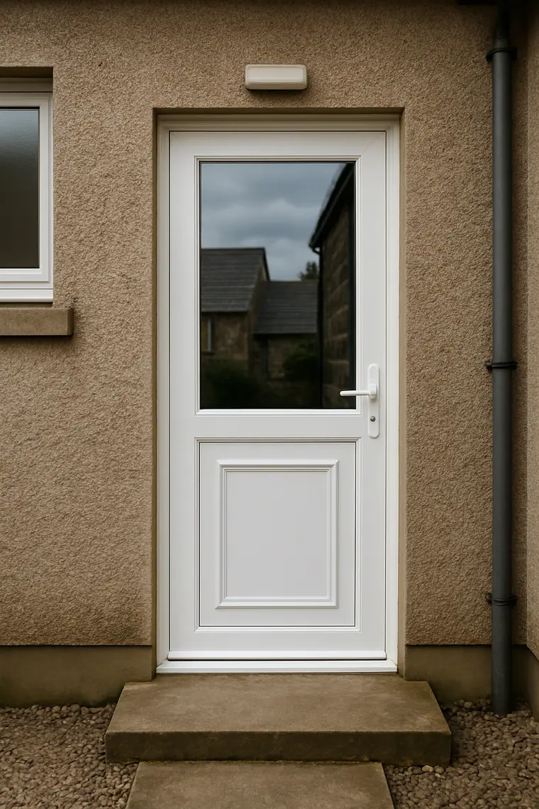 White uPVC back door with a half glazed panel on a Scottish utility entrance