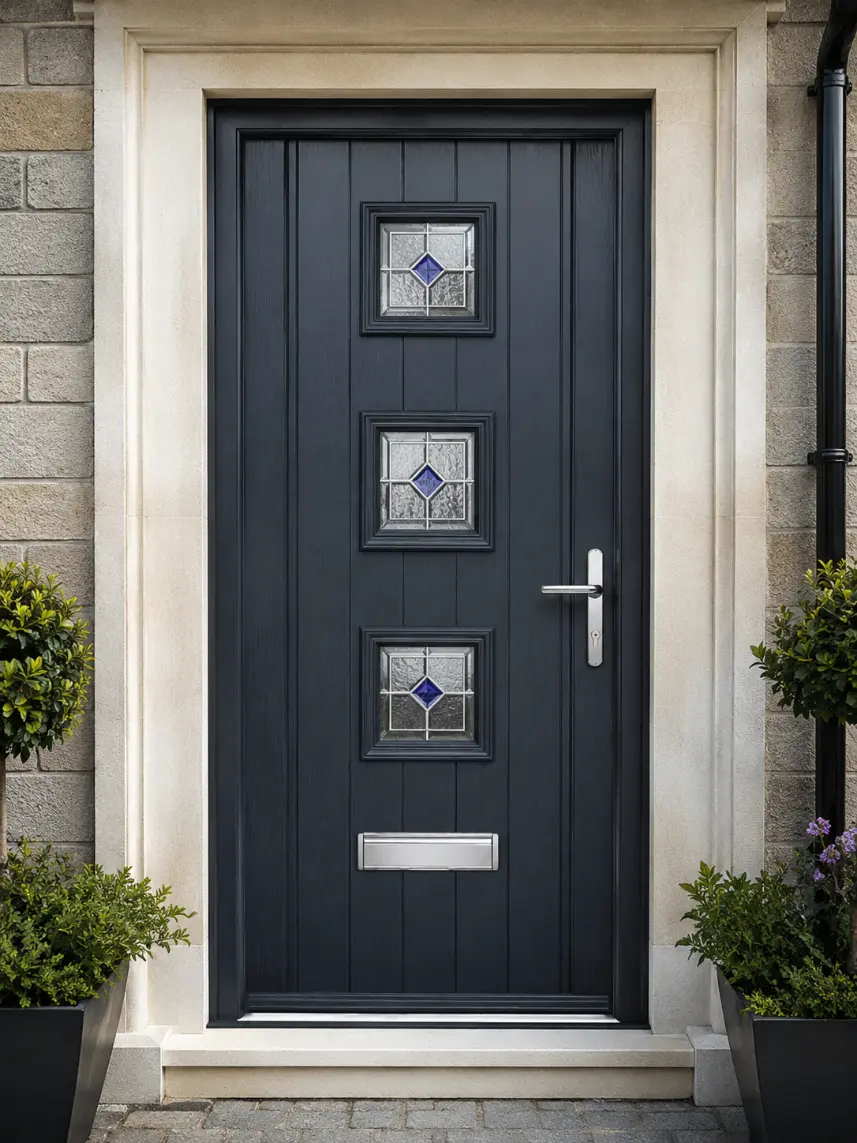 Black front door three square windows blue, fitted by Ultimate Home Solutions