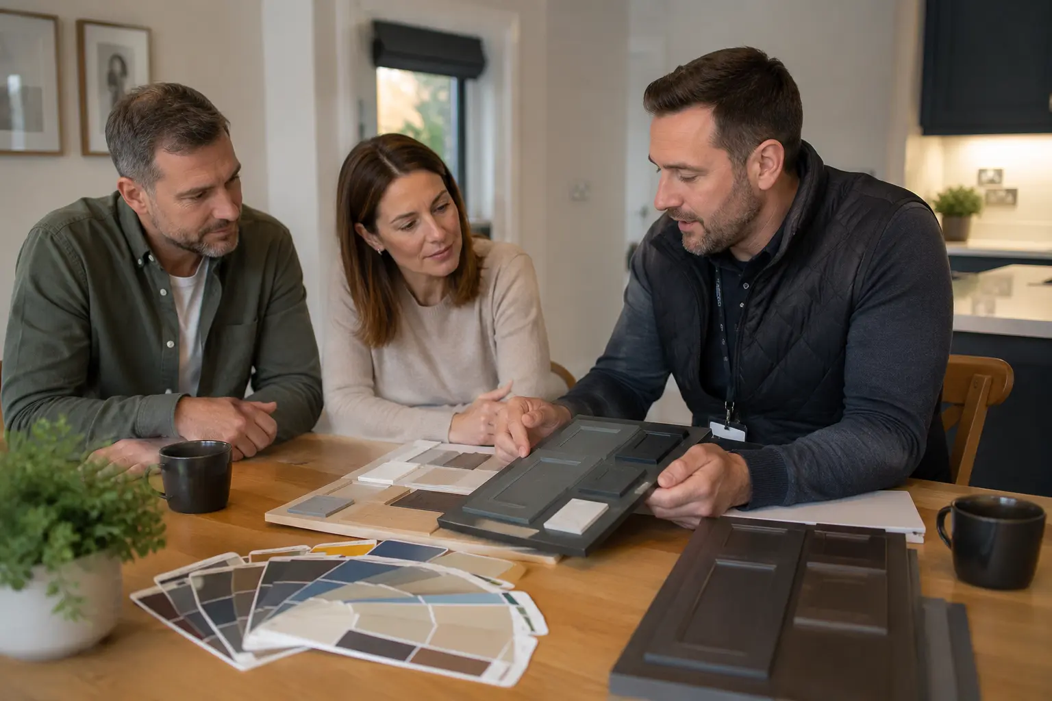 A designer showing panel, tile and colour samples to a couple at their kitchen table