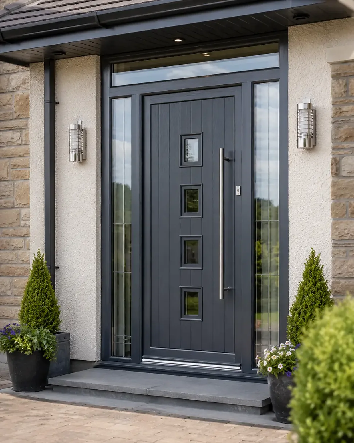A dark grey front door with four square windows and a long bar handle