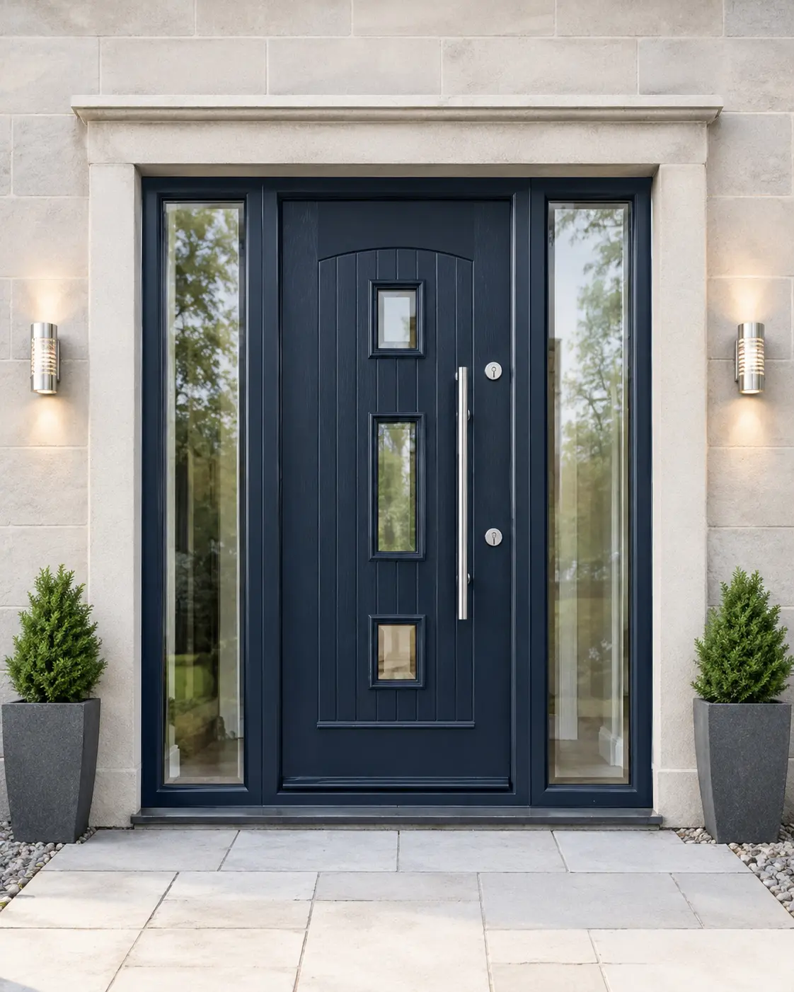 Navy blue composite front door with three small square glazed panels and a long bar handle between full height side panels