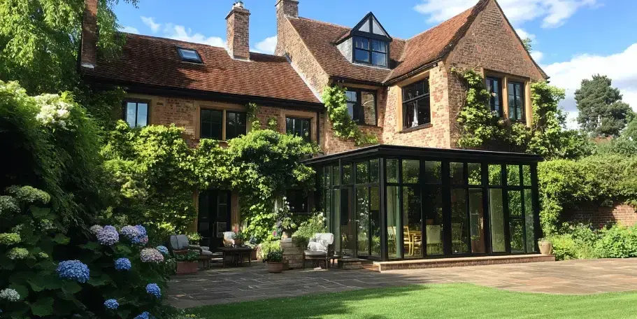 A brick house with a modern glazed extension and bi-fold doors opening to the garden