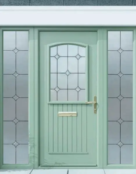 Green composite front door with a decorative glazed panel and a gold letterplate