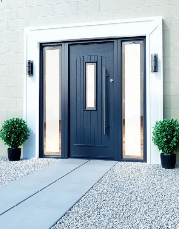 Modern dark blue composite front door with tall glazed side panels in a white frame