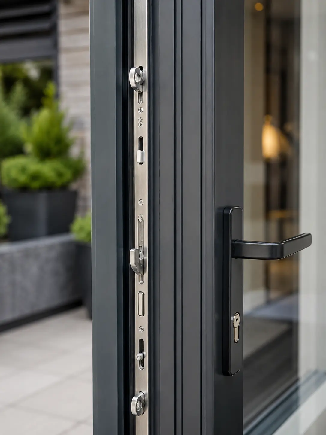 The multi-point locking mechanism along the edge of a dark grey door, with the handle alongside