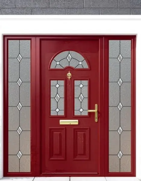 A red Palladio Sunbeam front door with decorative glass and matching side panels