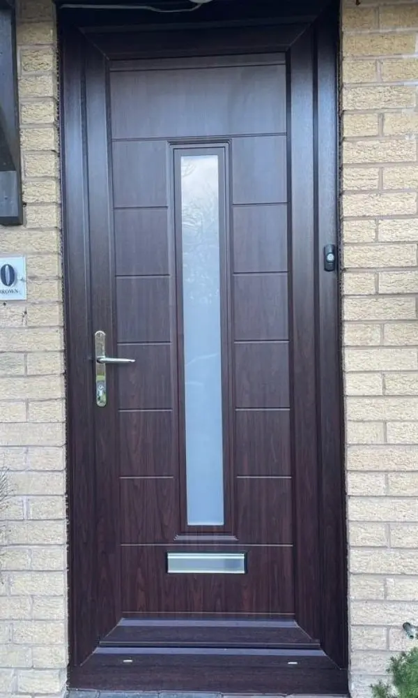 Rosewood woodgrain uPVC door with vertical frosted glass, Edinburgh
