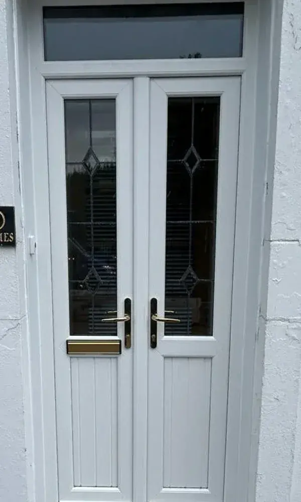 White uPVC storm doors with leaded glass and gold handles, Kilmarnock