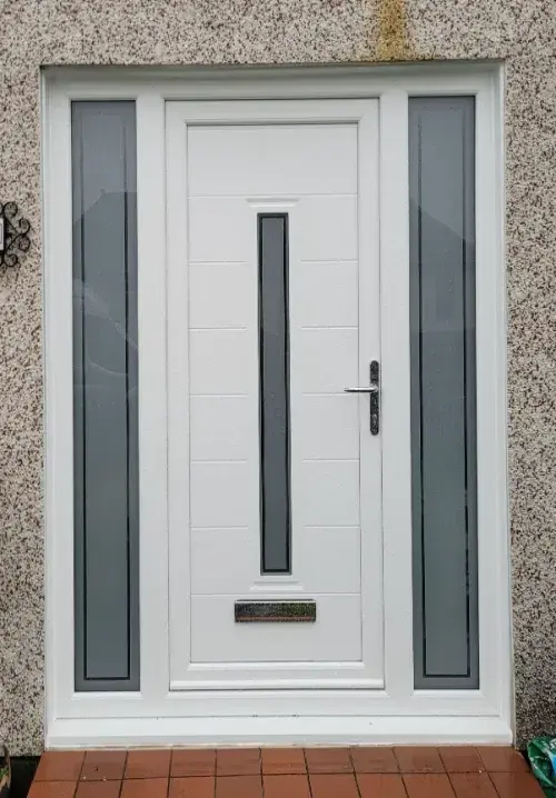 White uPVC front door with side panels, Glasgow South