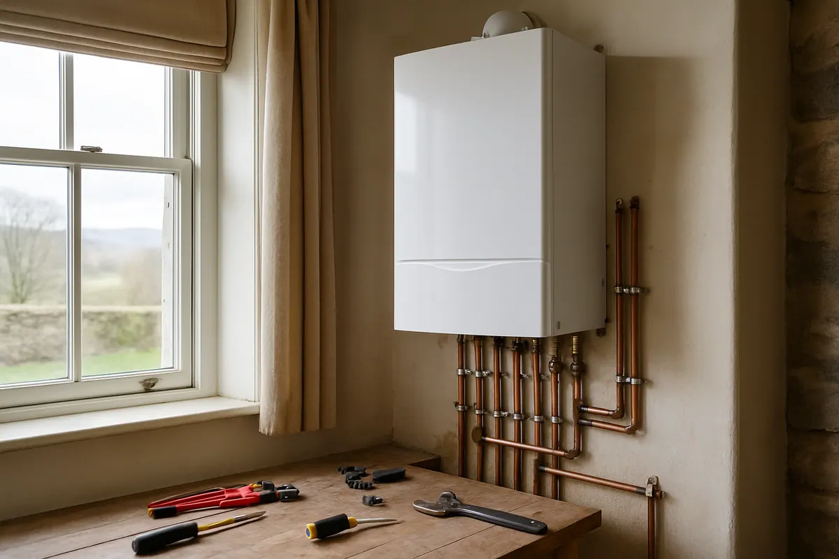 A newly fitted white boiler with copper pipework above a wooden bench, tools laid out and a window looking over open fields