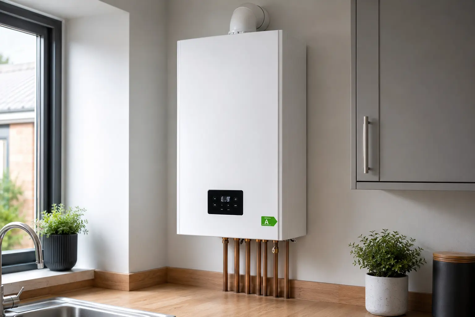 A white wall-hung boiler with copper pipework in a grey fitted kitchen, next to a tall window