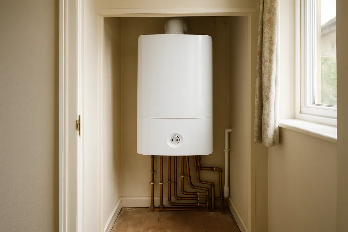 New combi boiler fitted in an airing cupboard after a system-to-combi conversion in Edinburgh