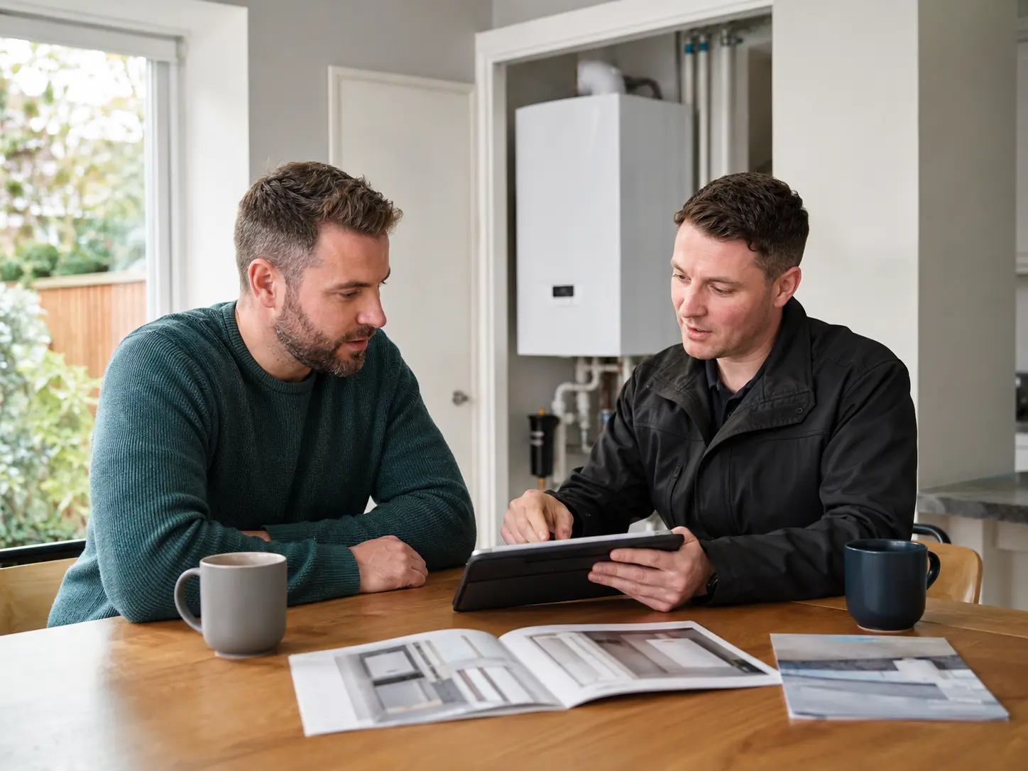 A heating engineer going through boiler options on a tablet with a homeowner at the kitchen table