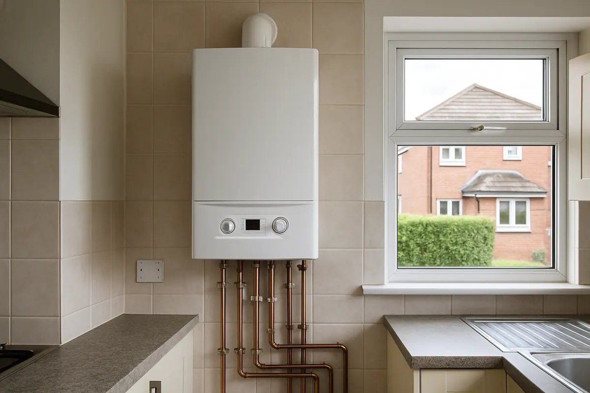 White combi boiler mounted on a tiled kitchen wall in a Kilmarnock semi