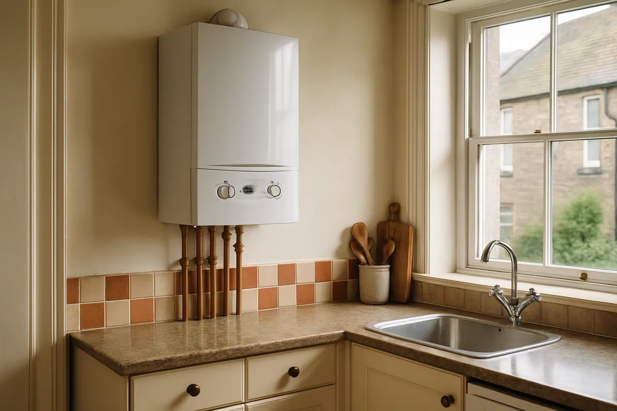 White combi boiler above a kitchen worktop in an Ayr terrace