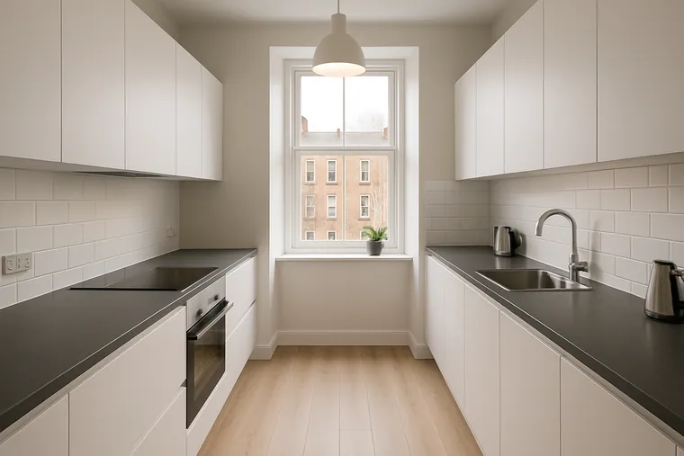 Matt white handleless galley kitchen with a stainless steel hob and an integrated oven