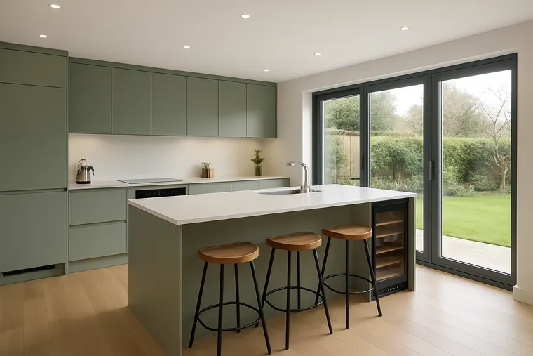 Sage green handleless kitchen with an island, seating at one end and a pale stone worktop