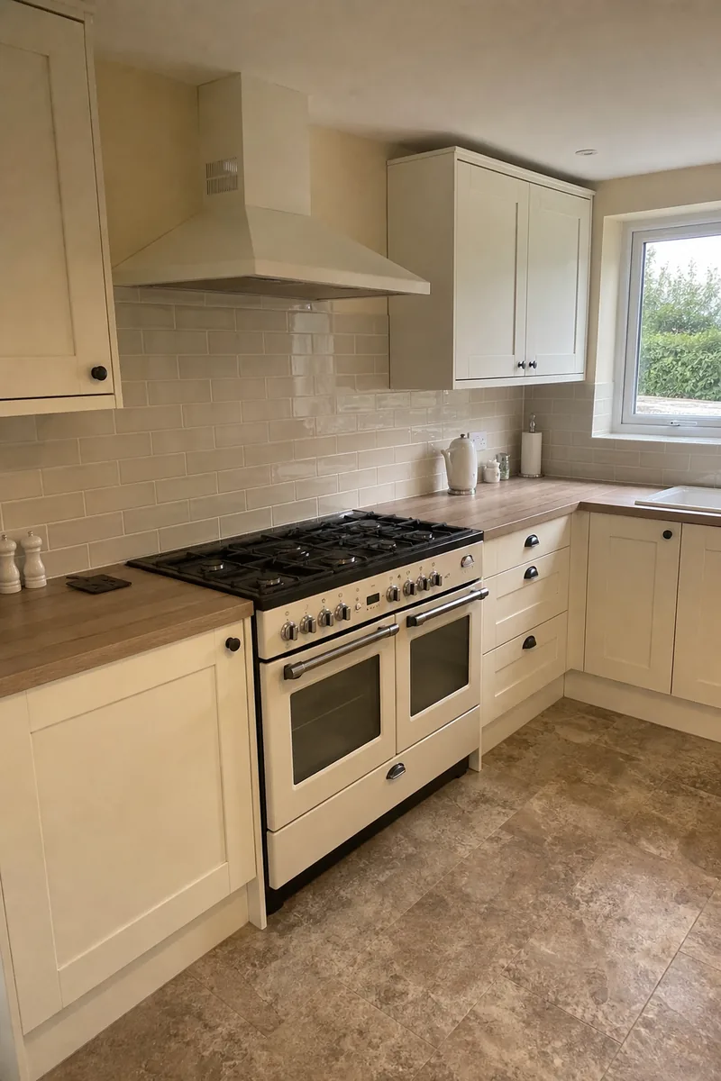 Cream shaker kitchen with a range cooker set into a chimney recess and a timber worktop
