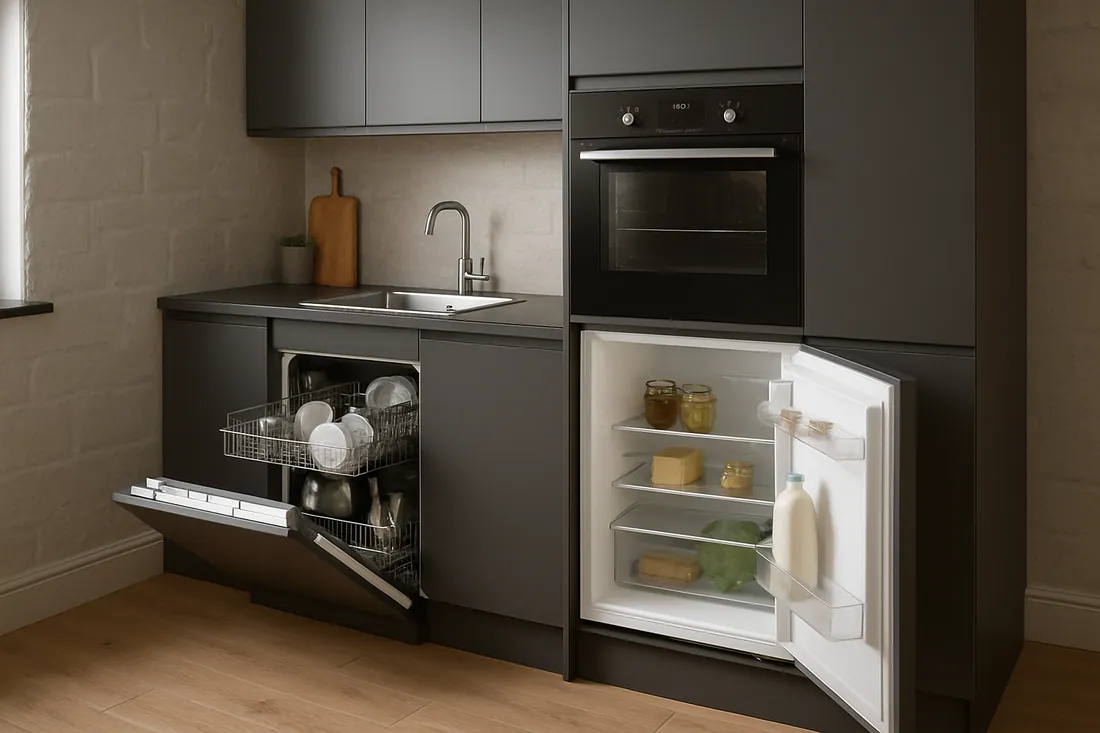 Compact kitchen with slimline integrated appliances built into a short run of units