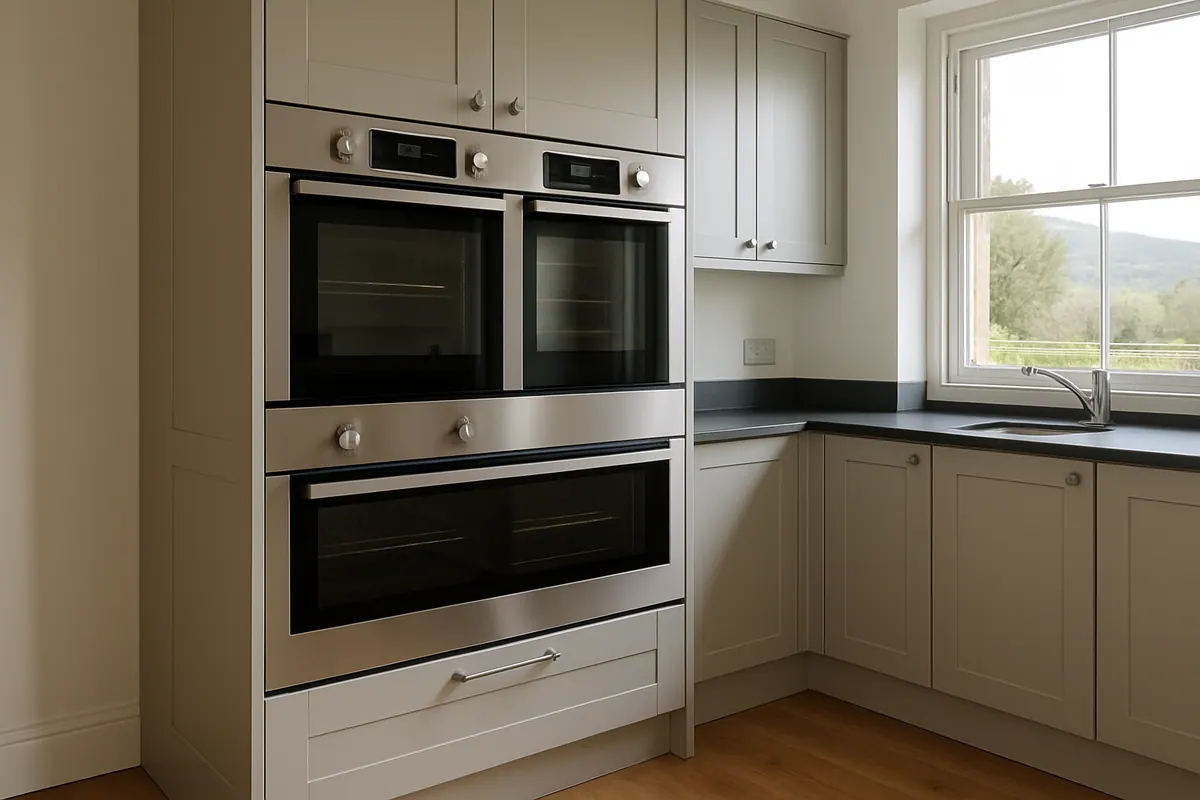 Cream shaker tall housing holding a double oven and a combination oven, with a dark worktop and a window looking out to a hill