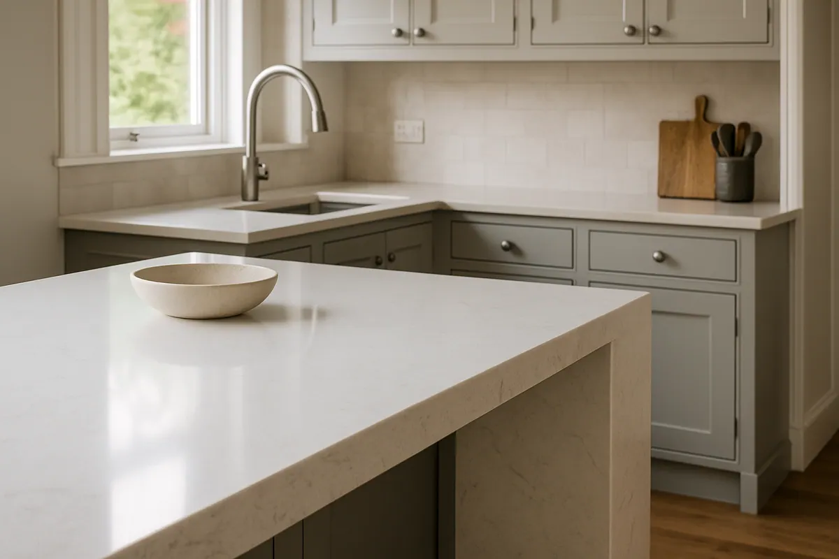 A quartz island worktop with a shaped edge and an inset sink