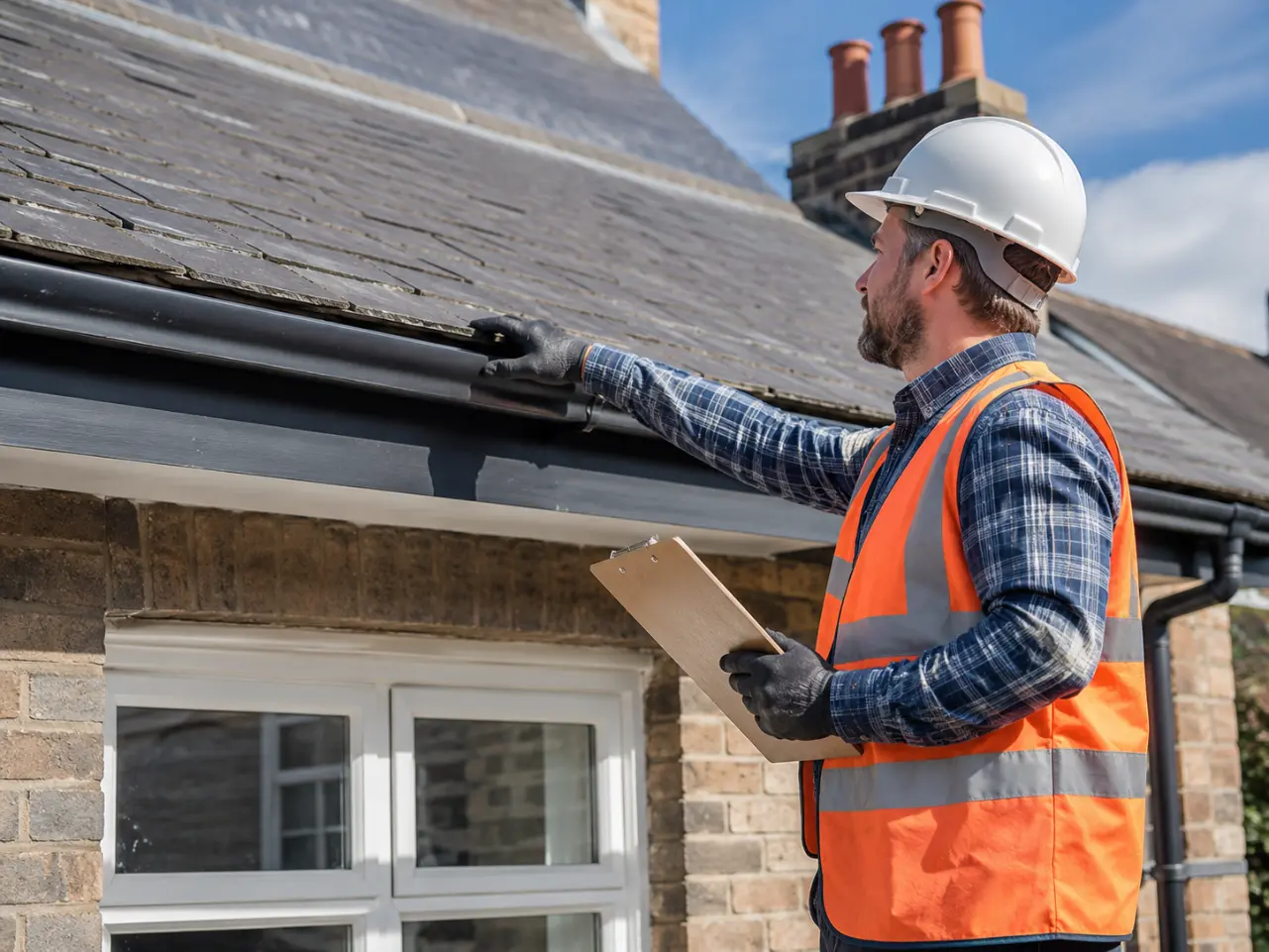 A surveyor in a hi-vis vest inspecting a roof edge and gutter