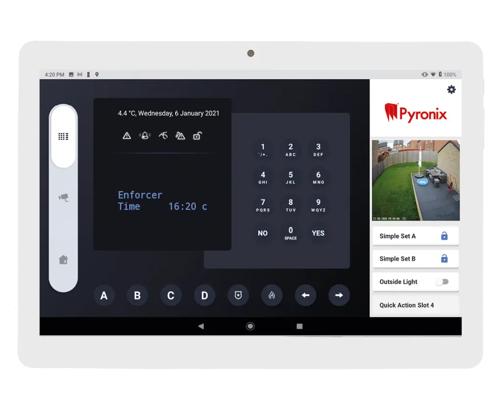 Pyronix Enforcer security system tablet showing live camera views, Glasgow, by Ultimate Home Solutions