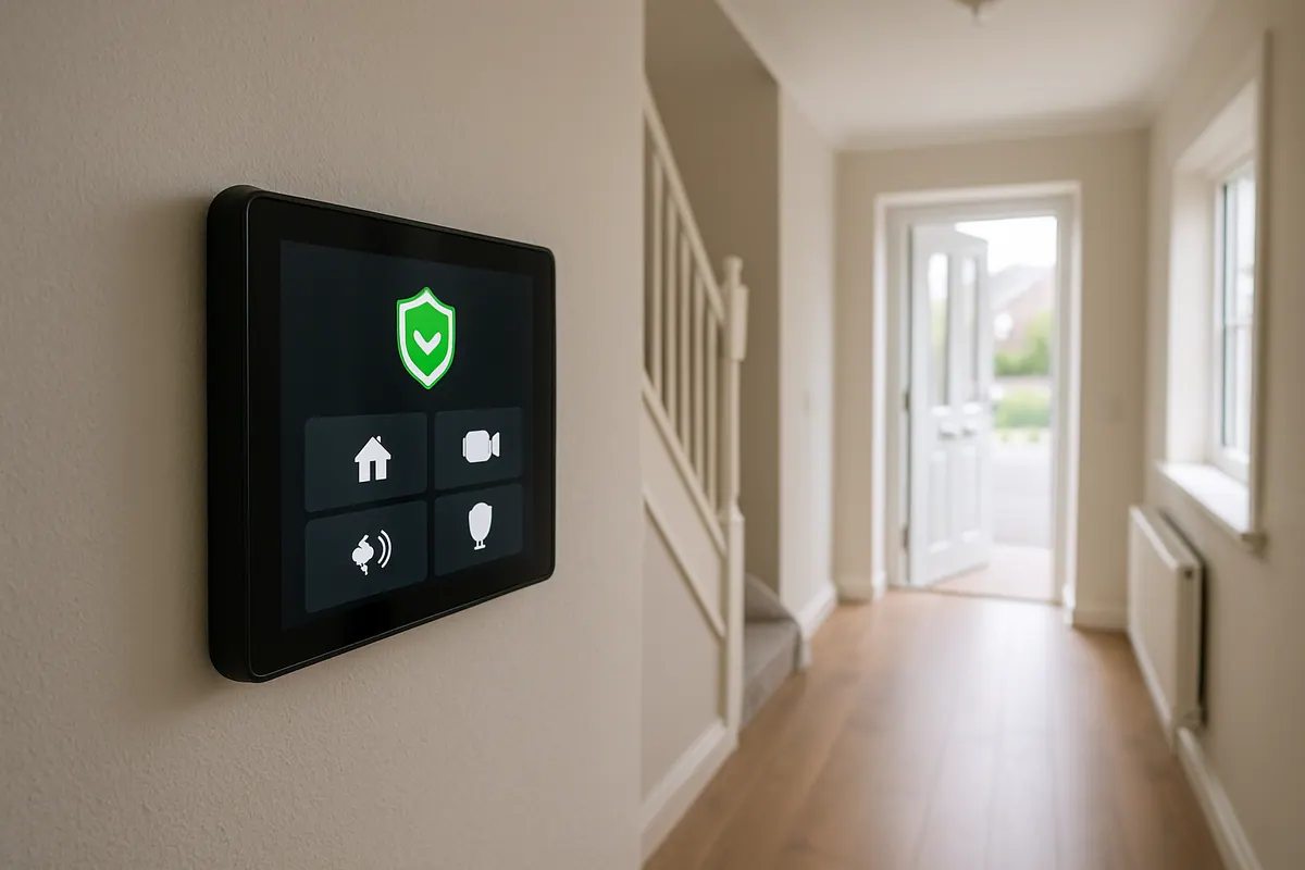 A wall-mounted security touchscreen in a hallway