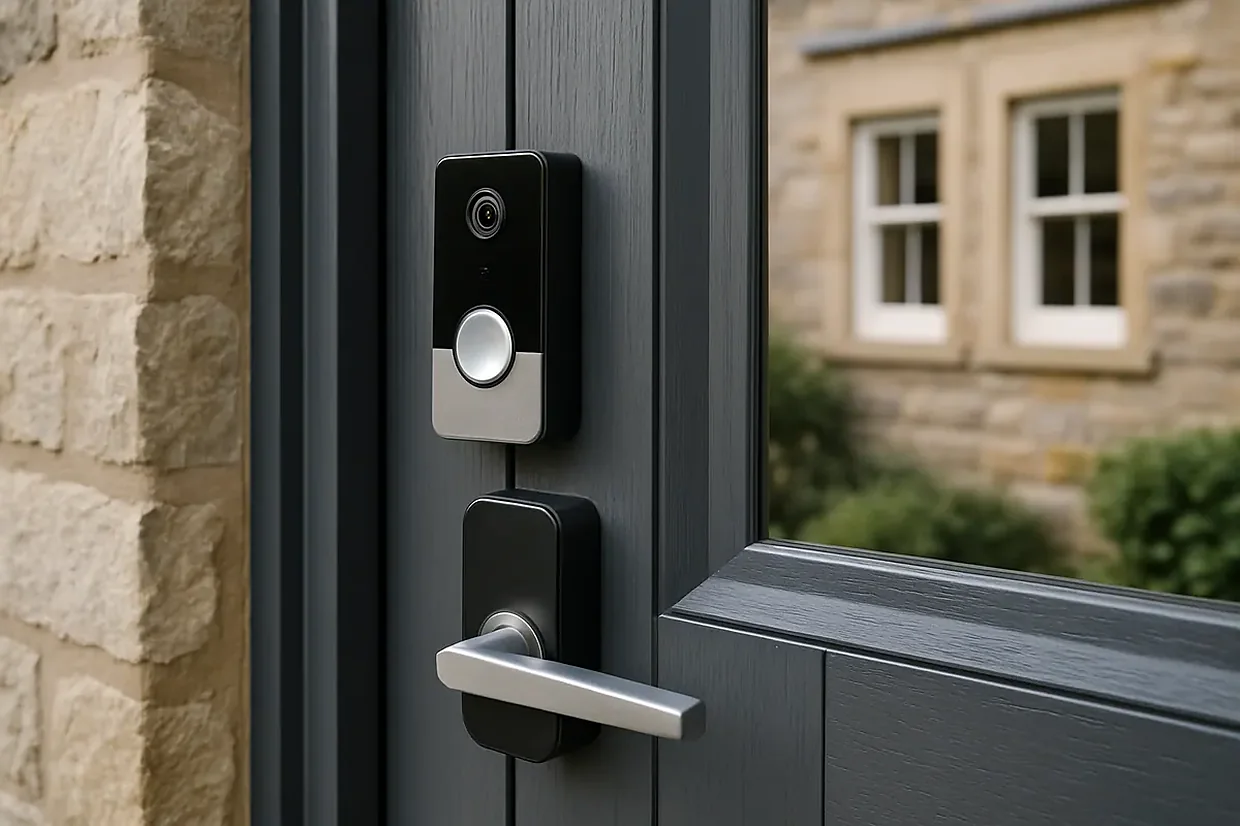 A video doorbell and a smart lock on a front door