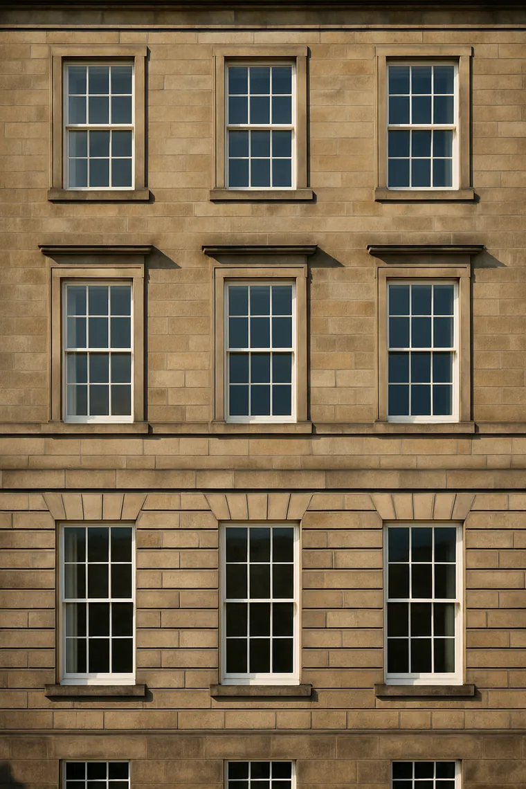 Tall sash windows of Georgian proportions set in a pale stone facade