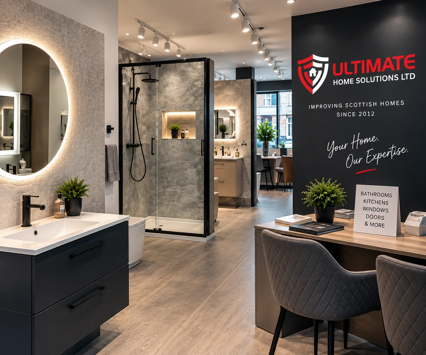 Bathroom displays inside the Ultimate Home Solutions showroom